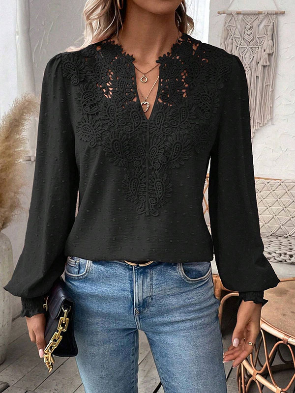Loose Puff Sleeves Elasticity Hollow Jacquard Solid Color Split-Joint V-Neck Blouses&Shirts Tops