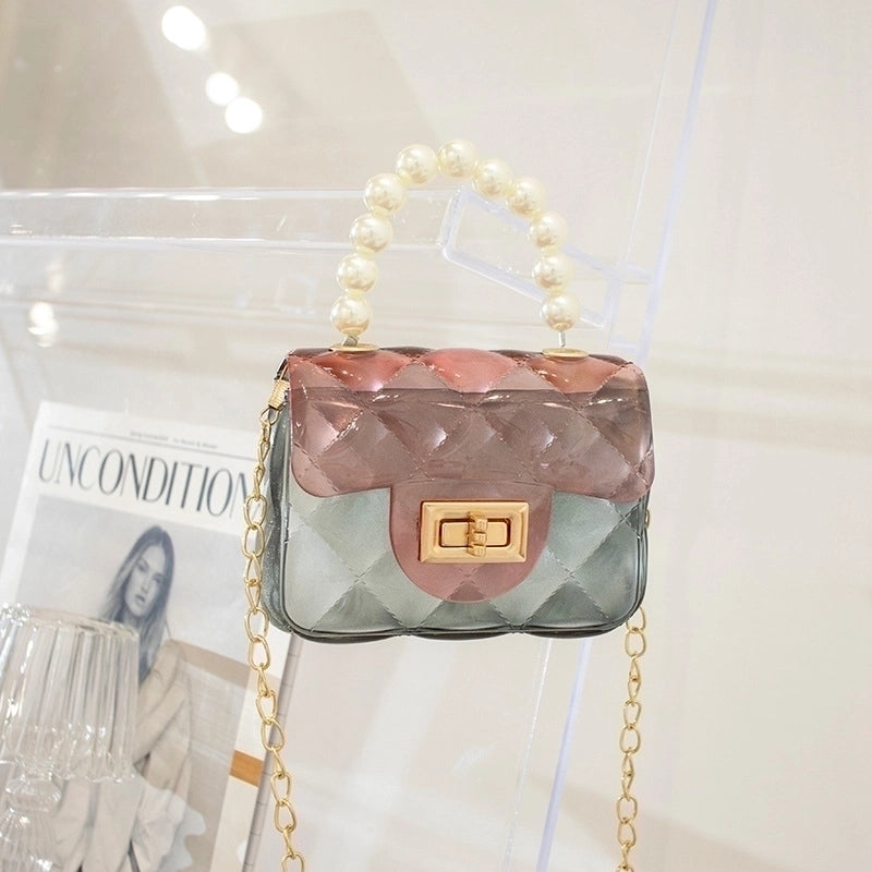 Women's Small PVC Color Block Cute Beading Square Lock Clasp Crossbody Bag Jelly Bag
