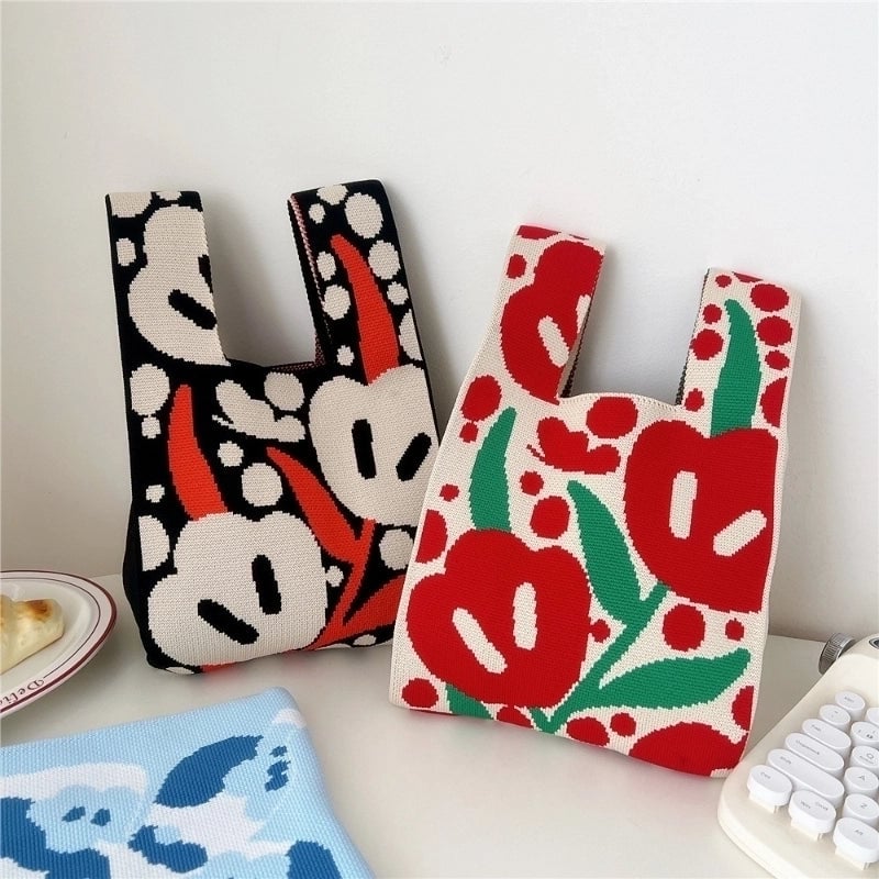 Women's Small Knit Flower Butterfly Vintage Style Open Shopping Bags