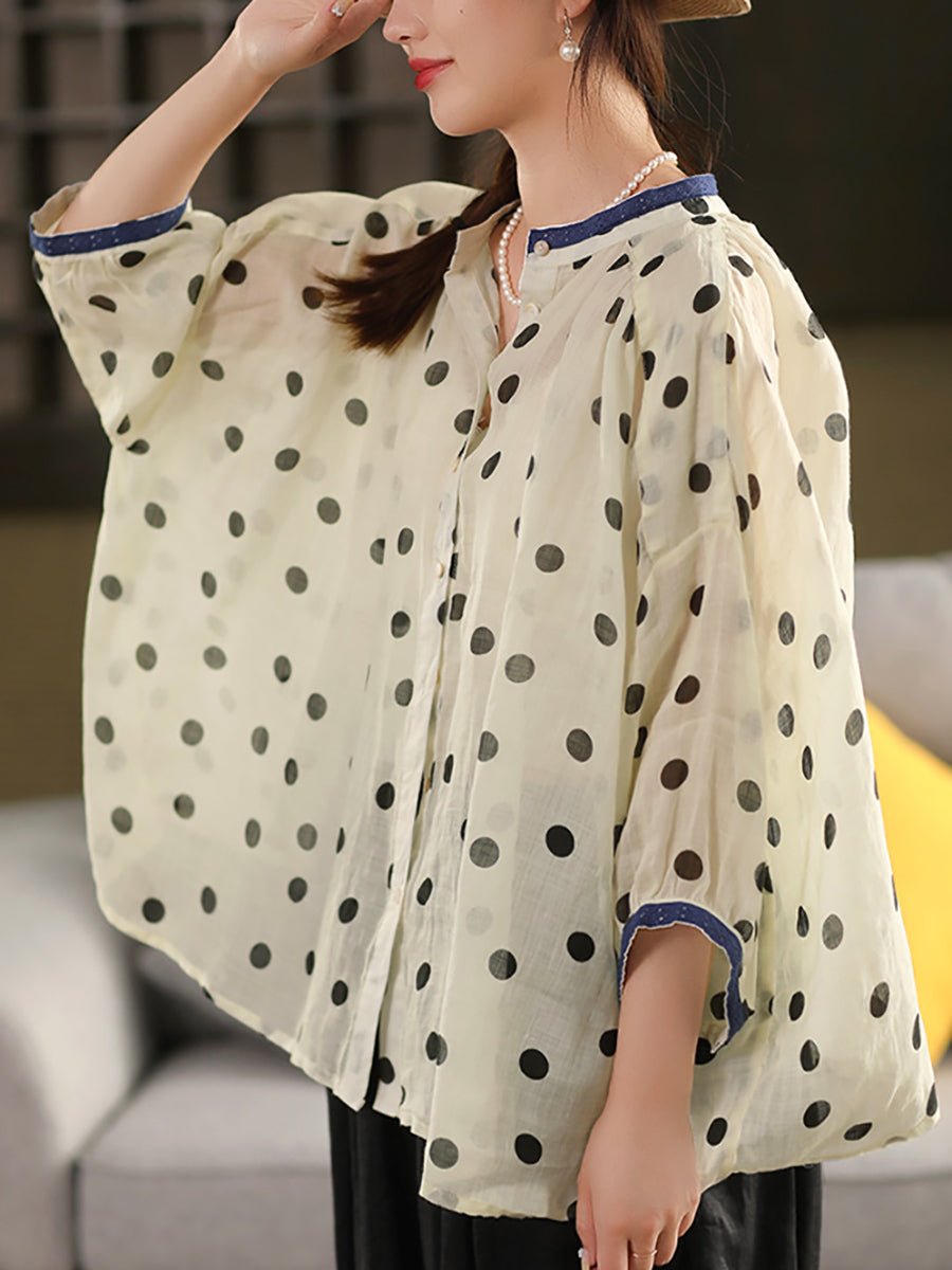 Women Summer Artsy Dot Stand Collar 100%Raime Shirt