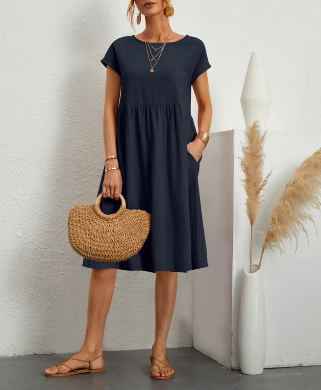 Solid Color Short Sleeve Loose Cotton Linen Pocket Midi Dress