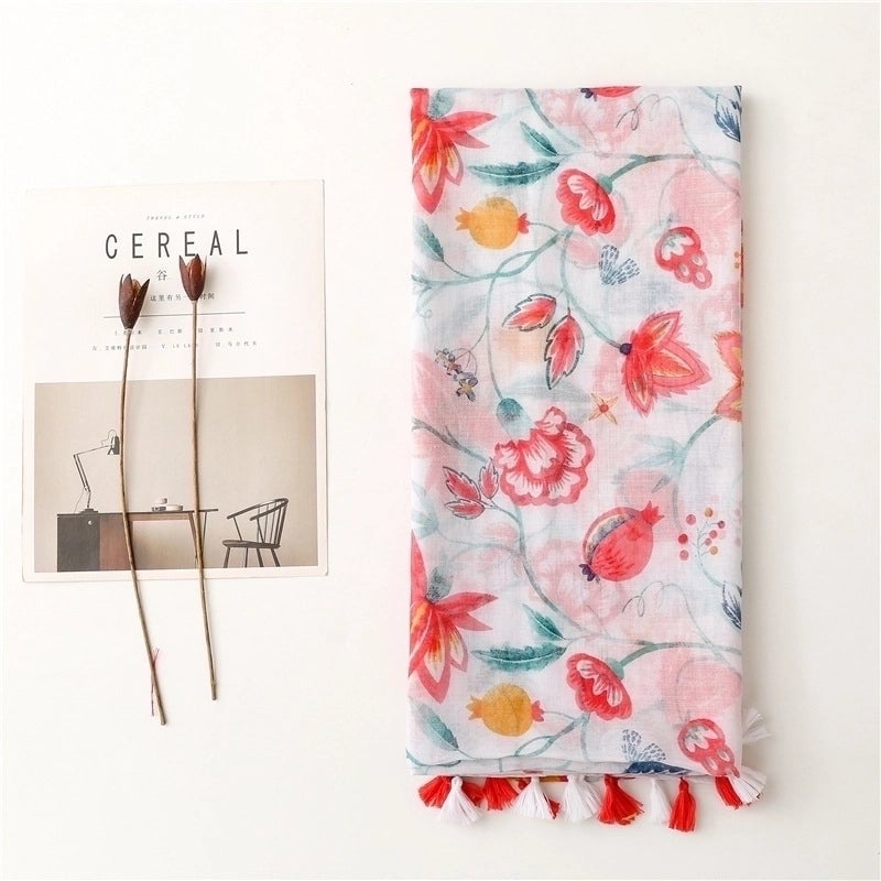 Cotton And Linen Scarf Red Petals Dragon Fruit Tassel Scarf Shawl