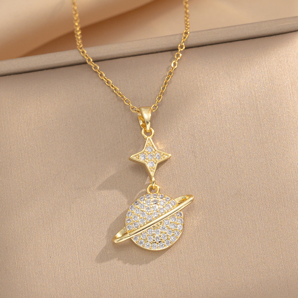 Full Diamond Happy Planet Real Gold Necklace Female Lucky Ins Clavicle Chain