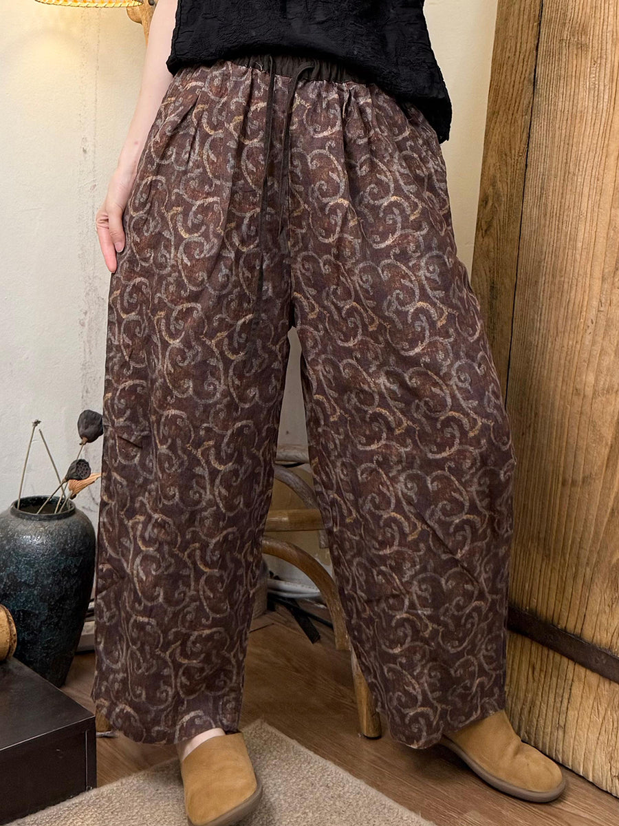 Women Summer Artsy Flower Linen Straight Pants