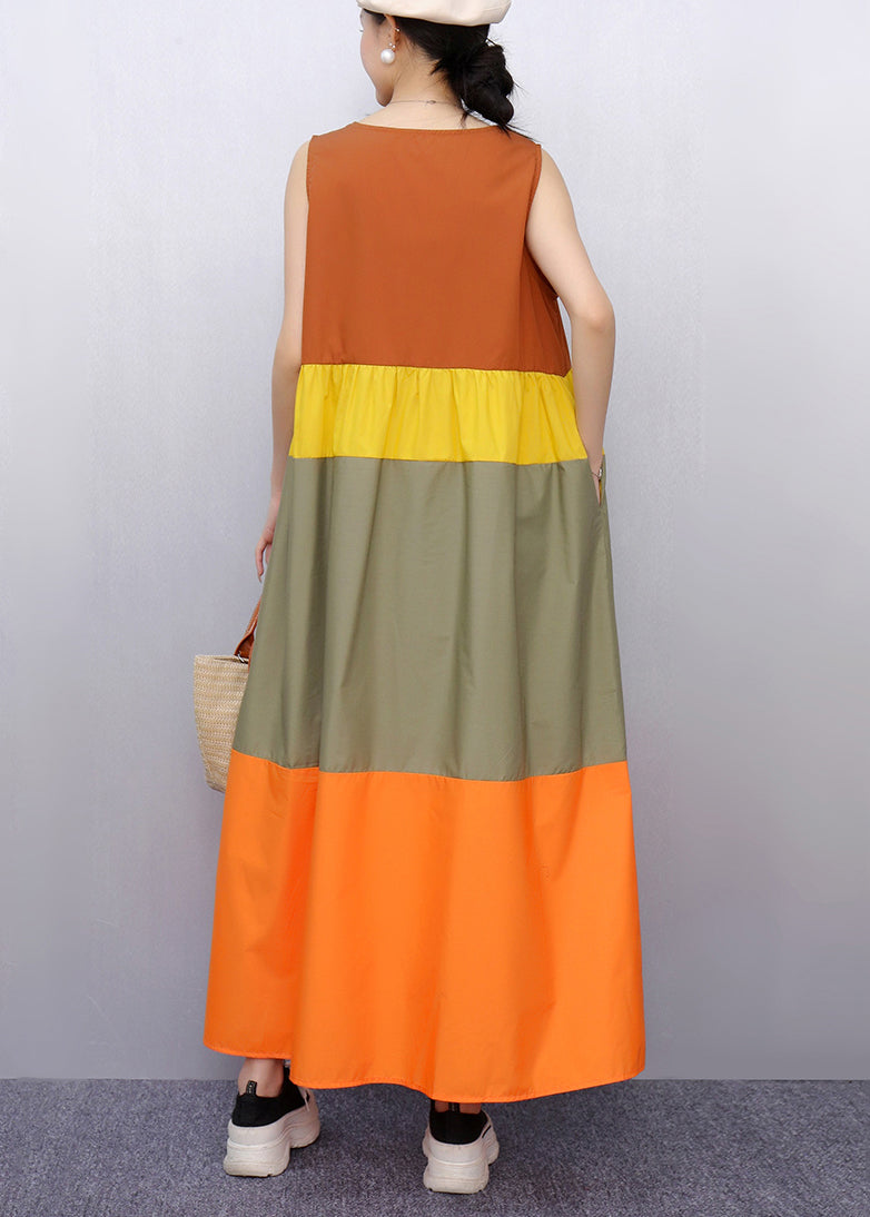Italian Orange Oversized Patchwork Cotton A Line Dress Sleeveless