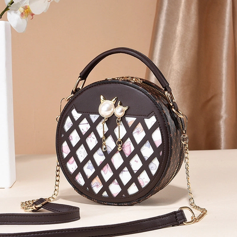 Women's Small All Seasons Pu Leather Color Block Classic Style Round Zipper Shoulder Bag