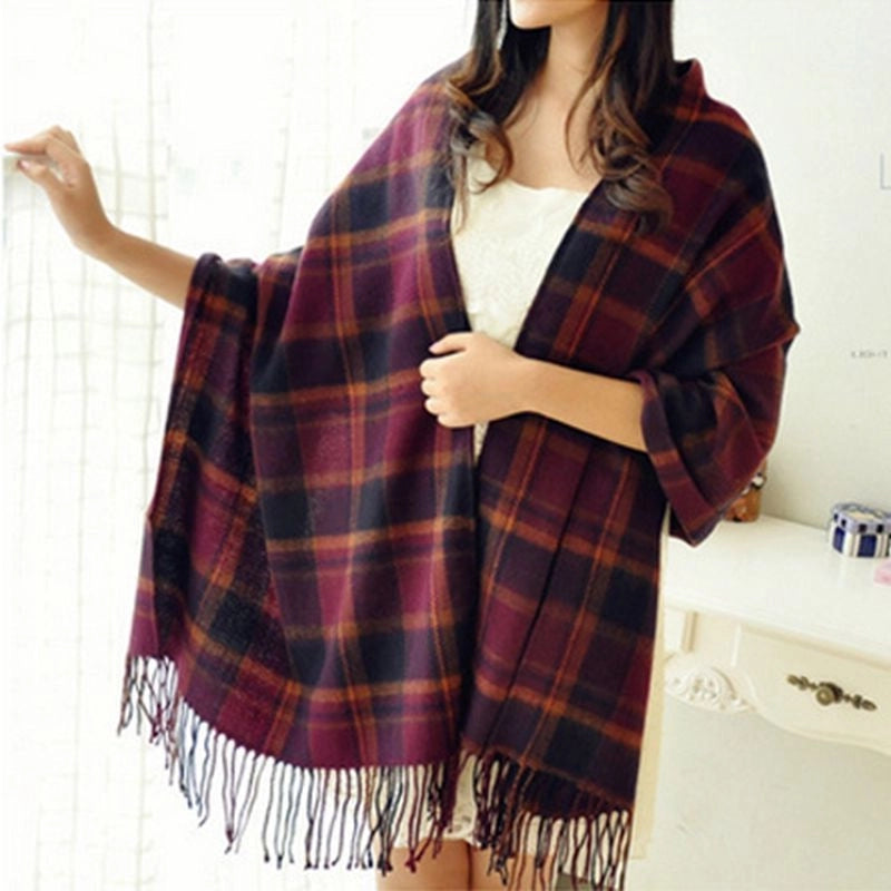 Plaid Scarf Women's Winter Versatile Student Scarf Cashmere Tassel Dual-use Warm Plaid Shawl