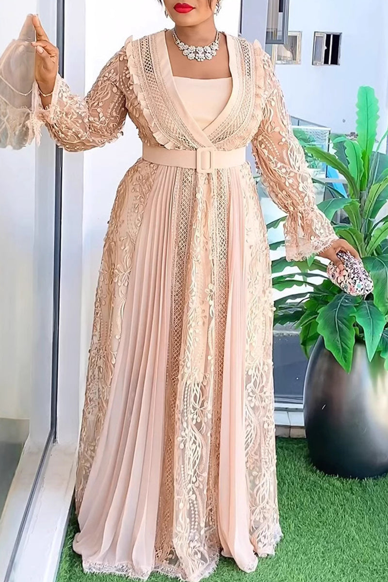 Elegant Solid Color Patchwork See-Through With Belt V Neck Plus Size Two Pieces
