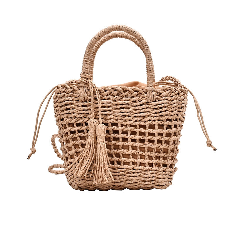 Women's Small Spring&summer Straw Solid Color Vacation Bucket String Straw Bag