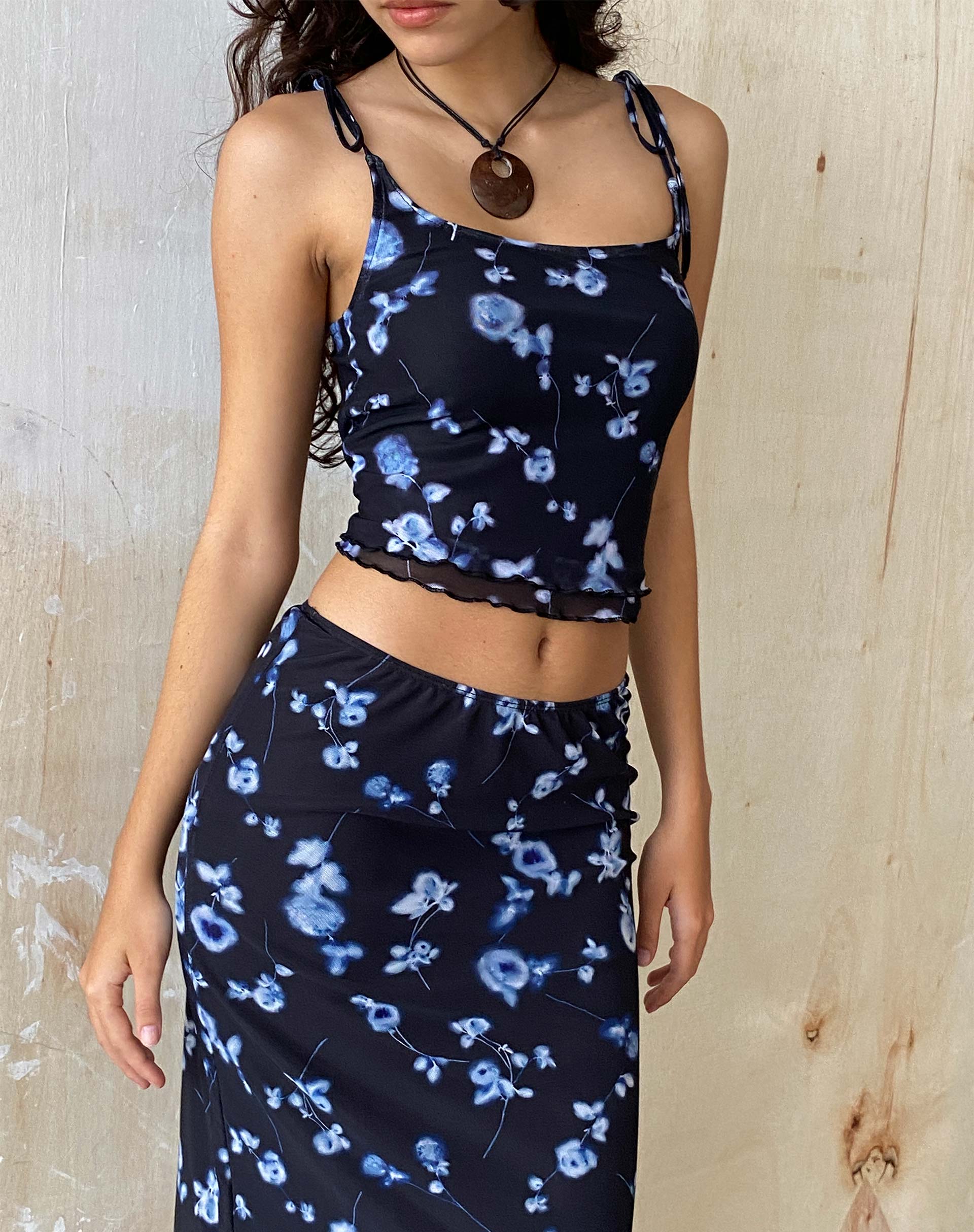 Tamari Tie Detail Mesh Vest Top in Diffused Floral Navy