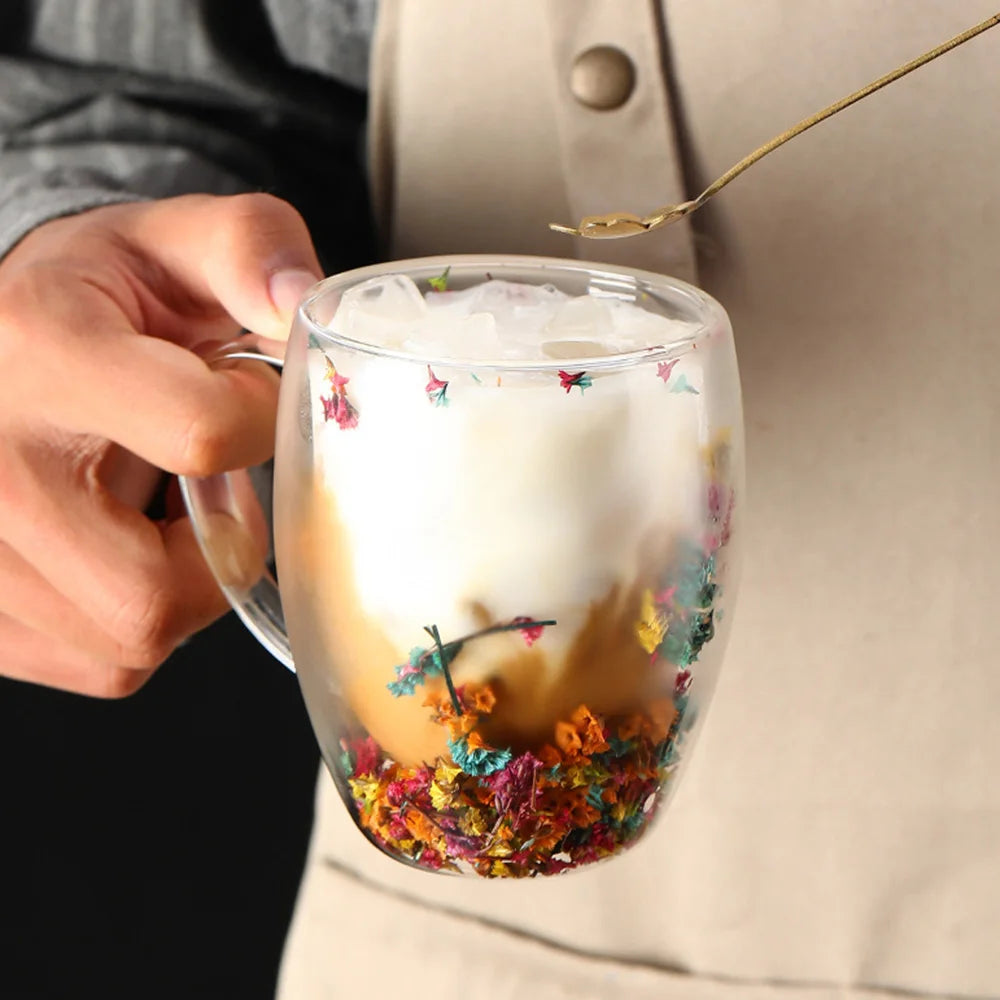 DRIED FLOWER DOUBLE WALL GLASS MUG - 350ML