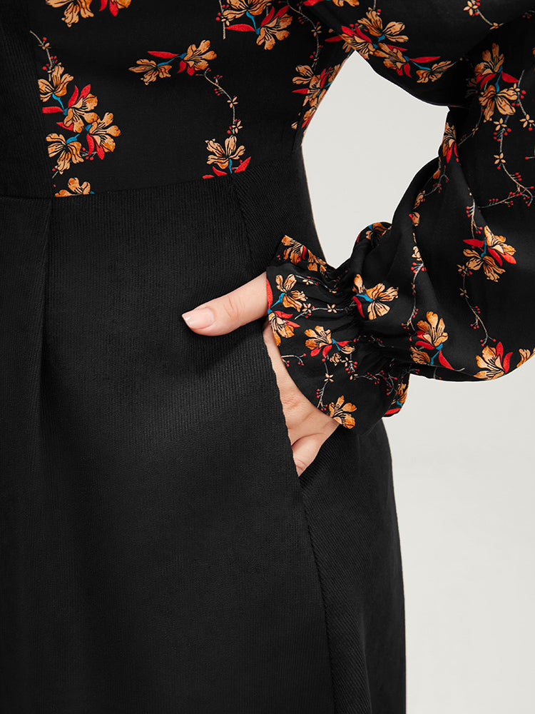 Floral Patchwork Ruffle Trim Pocket Zipper Dress