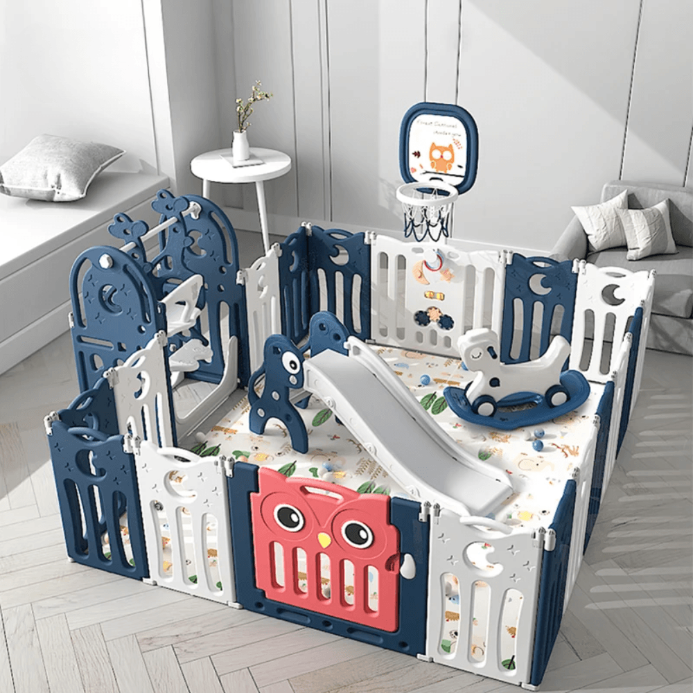 Baby Playpen Set with Basketball Hoop. Slide. Swing. Rocking Horse & Playmat