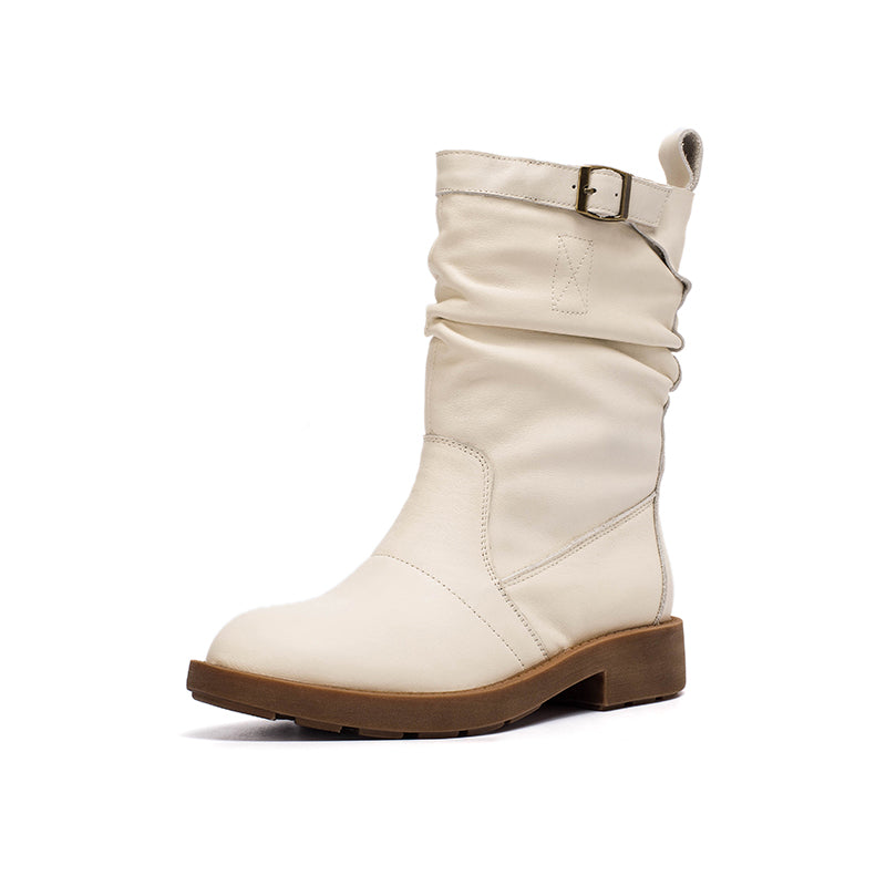 Soft?Leather Mid Calf Boots Fold Design Riding Boots Short Plush Lined For Winter