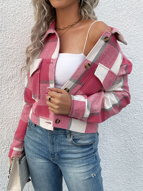 Long Sleeves Loose Buttoned Plaid Pockets Split-Joint Lapel Jackets Outerwear