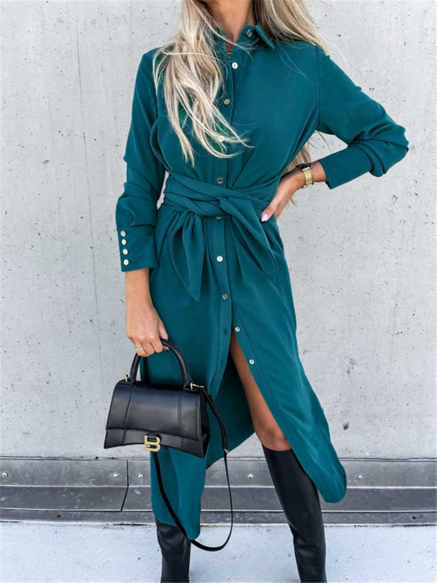 Long Solid Color Cardigan Long Sleeve Hem Dress