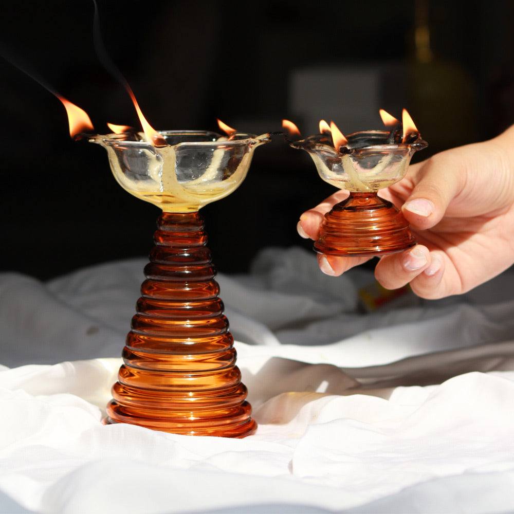 Tall Glass Diya - Amber