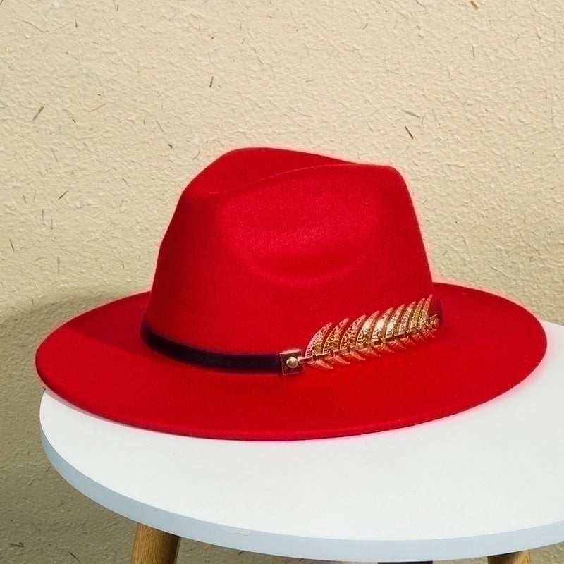 Unisex Retro Classic Style Leaves Solid Color Belt Buckle Wide Eaves Fedora Hat