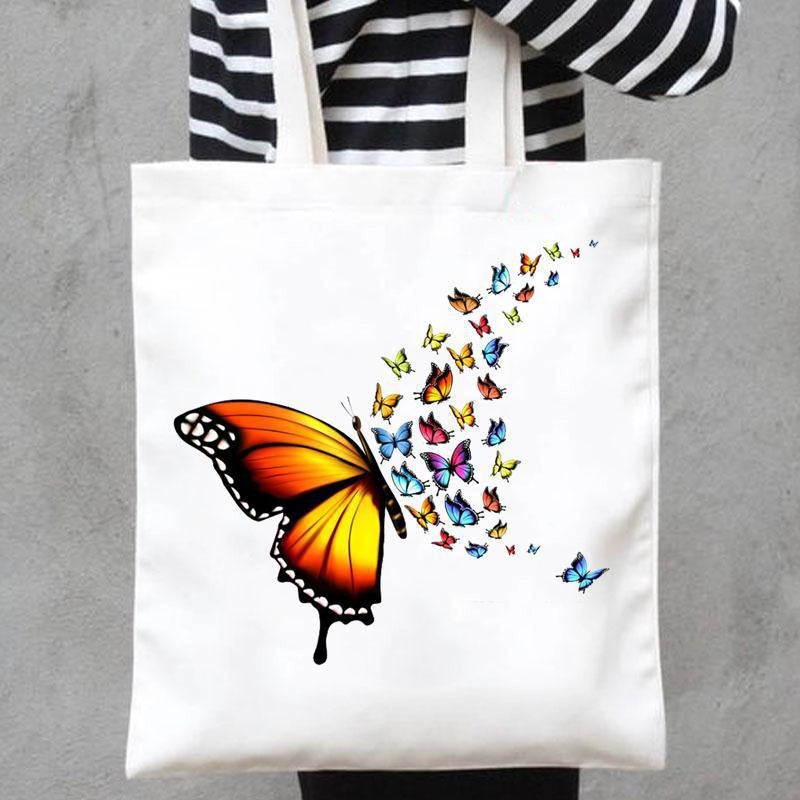 Women's Canvas Printing Heart Shape Butterfly Streetwear Square Open Canvas Bag