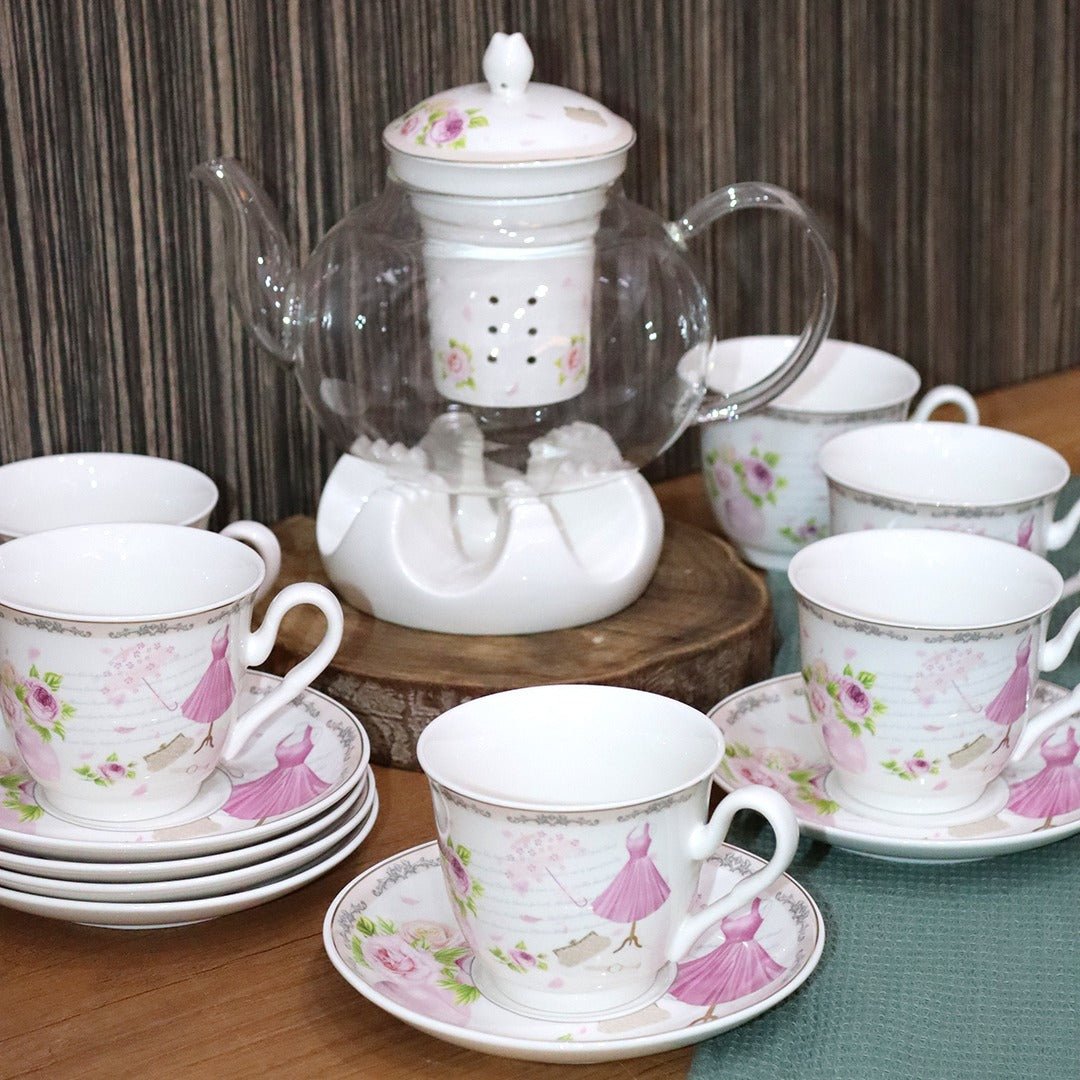 Pink Flowers Porcelain Cups & Pot Set