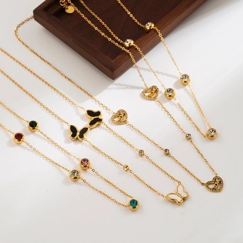 2 Pieces Vintage Style Minimalist Round Heart Shape Butterfly Stainless Steel Plating Inlay Zircon 18k Gold Plated Necklace