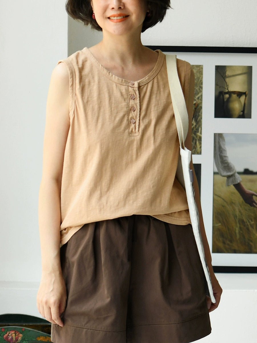 Women Summer Pure Color O-Neck 100%Cotton Vest