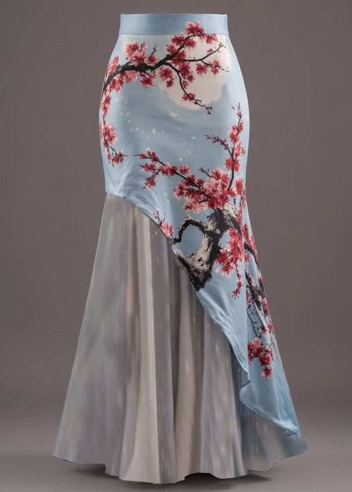 New Blue Asymmetrical Print Patchwork Skirts Summer