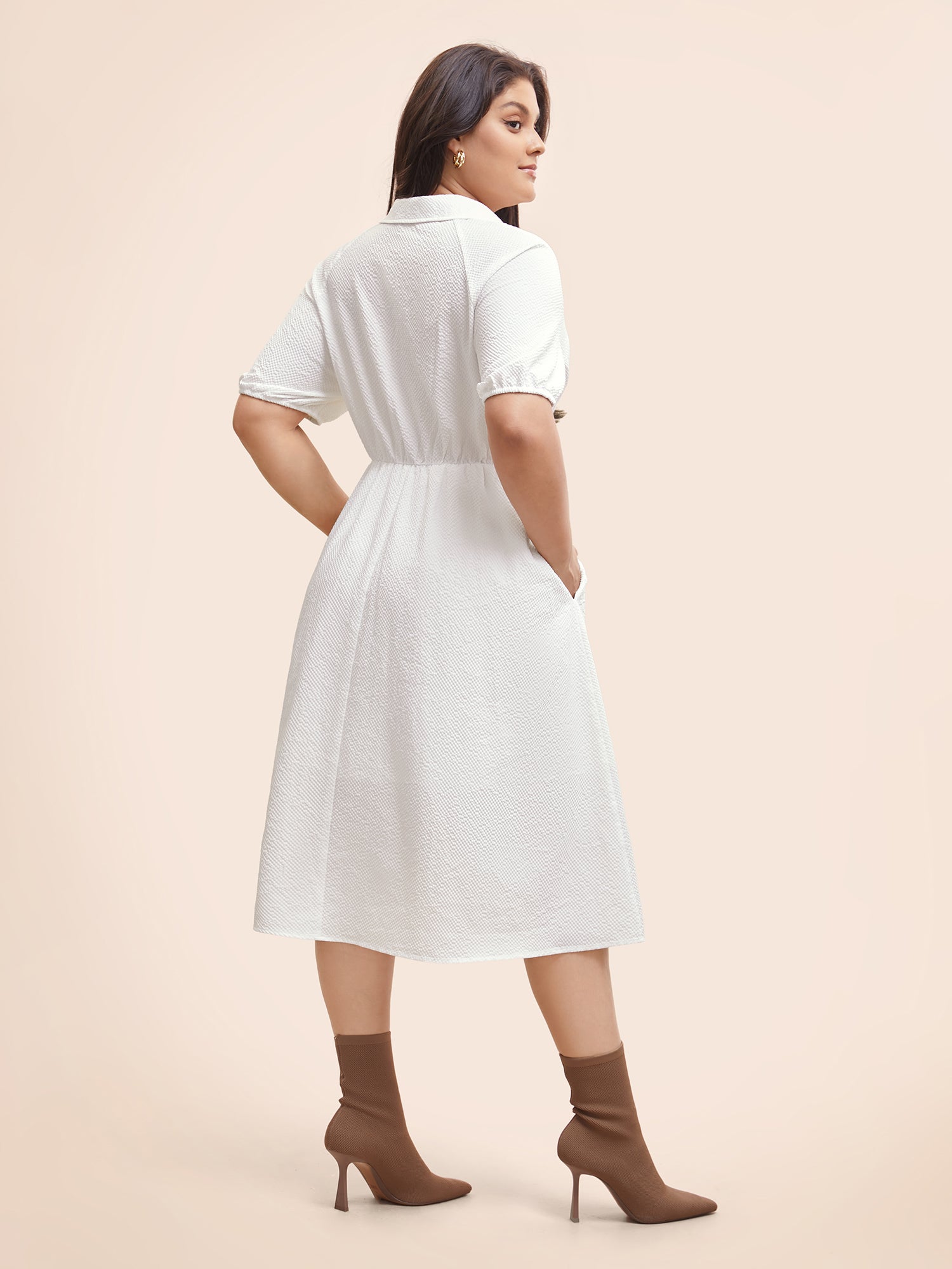 Texture Shirt Collar Button Detail Split Front Dress