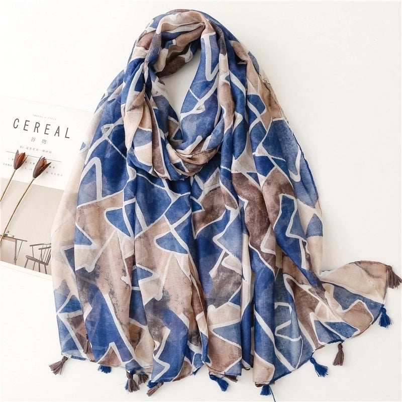 Yarn Cotton Fruit Green Bright Yellow Leaf Printing Tassel Scarf Shawl