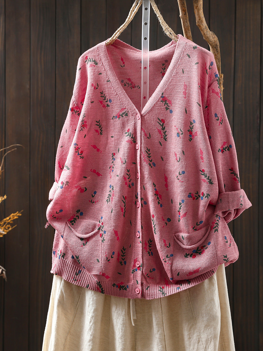 Women Summer Artsy Floral Knitted V-Neck Cotton Shirt