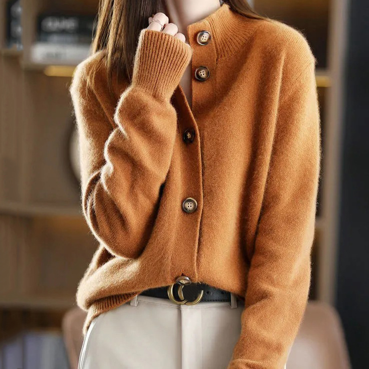 Vintage Solid Color Buttoned Turtleneck Cardigan