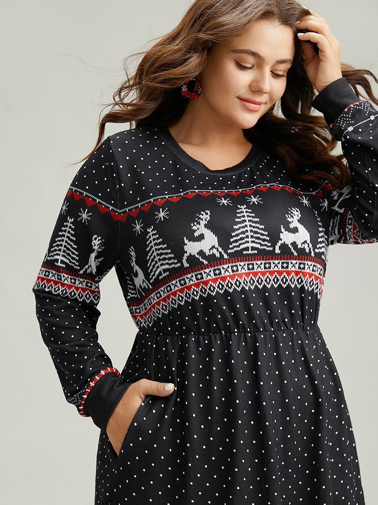 Christmas Elk Patchwork Polka Dot Pocket Dress
