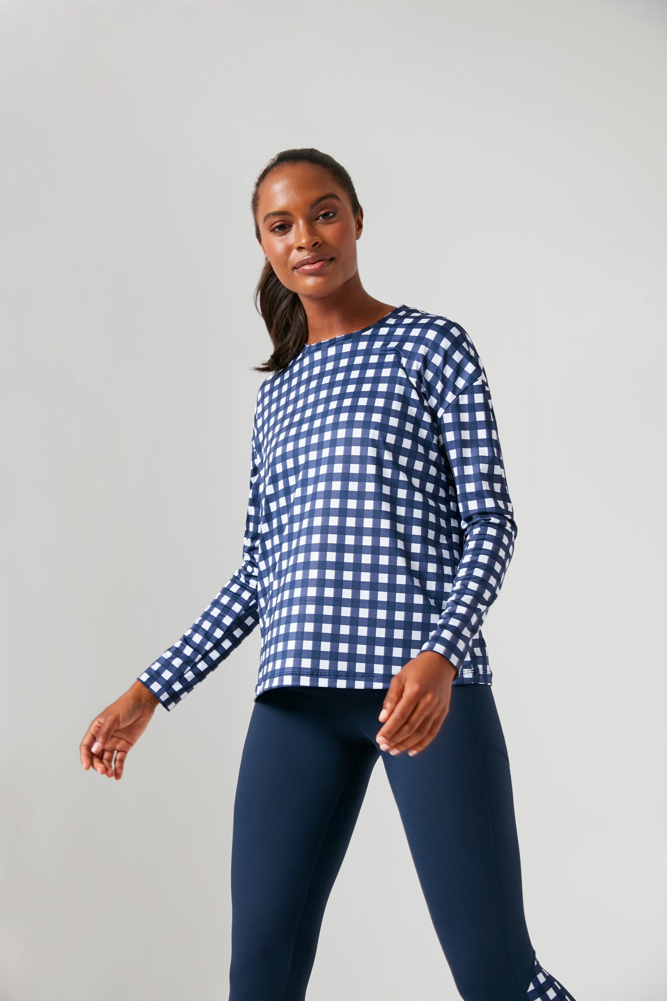 Navy Trellis Gingham Long Sleeve Ryan Boyfriend Tee