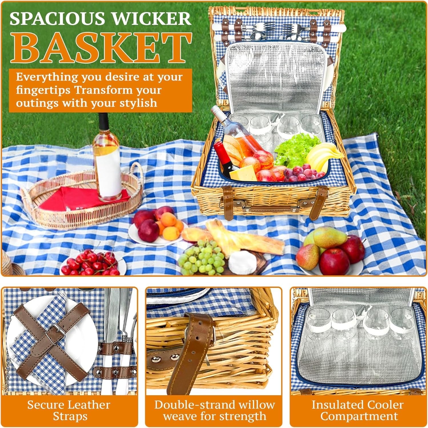 Luxury Picnic Basket for 4 Insulated Wicker Hamper with Plaid Blanket