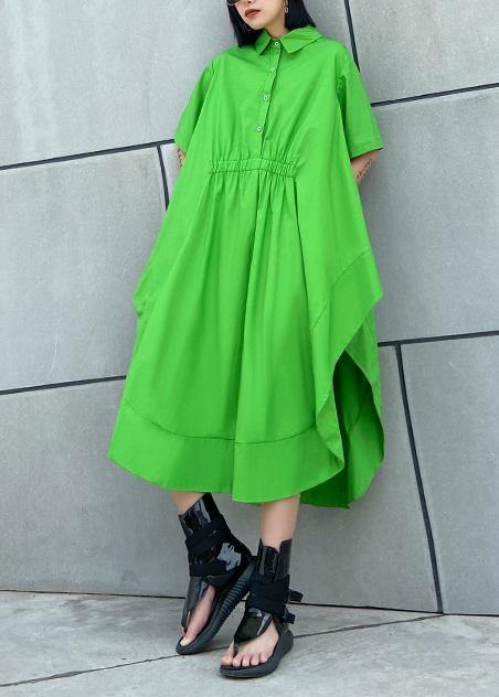 DIY green cotton clothes Women lapel asymmetric Kaftan Dress