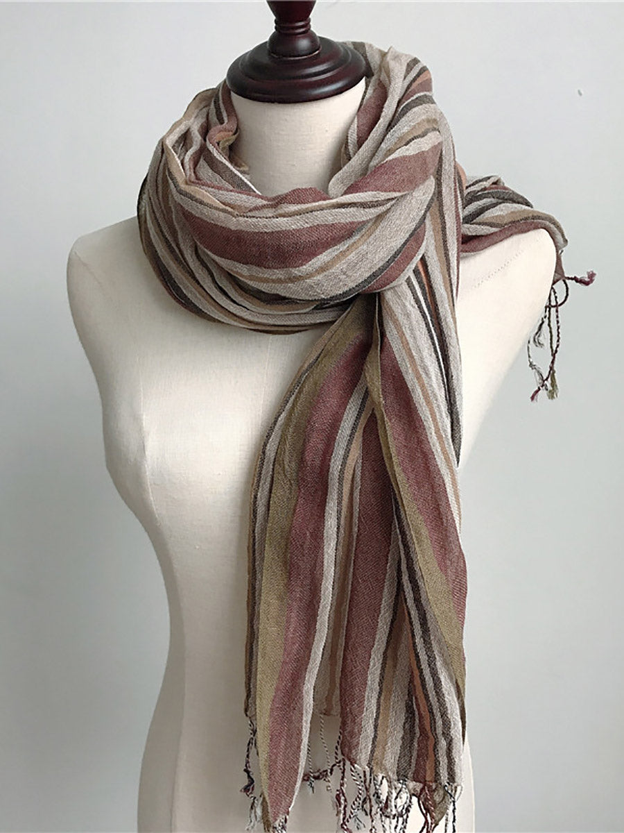 Women Vintage Colorblock Stripe Tassel Cotton Linen Scarf