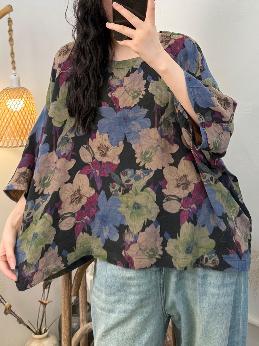 Women Summer Casual Flower O-Neck 100%Cotton Loose Shirt