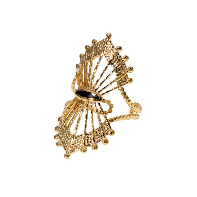 Retro Fan-Shaped Hollow Stainless Steel Ring Adjustable French Gold-Plated Titanium Steel Ring For Women