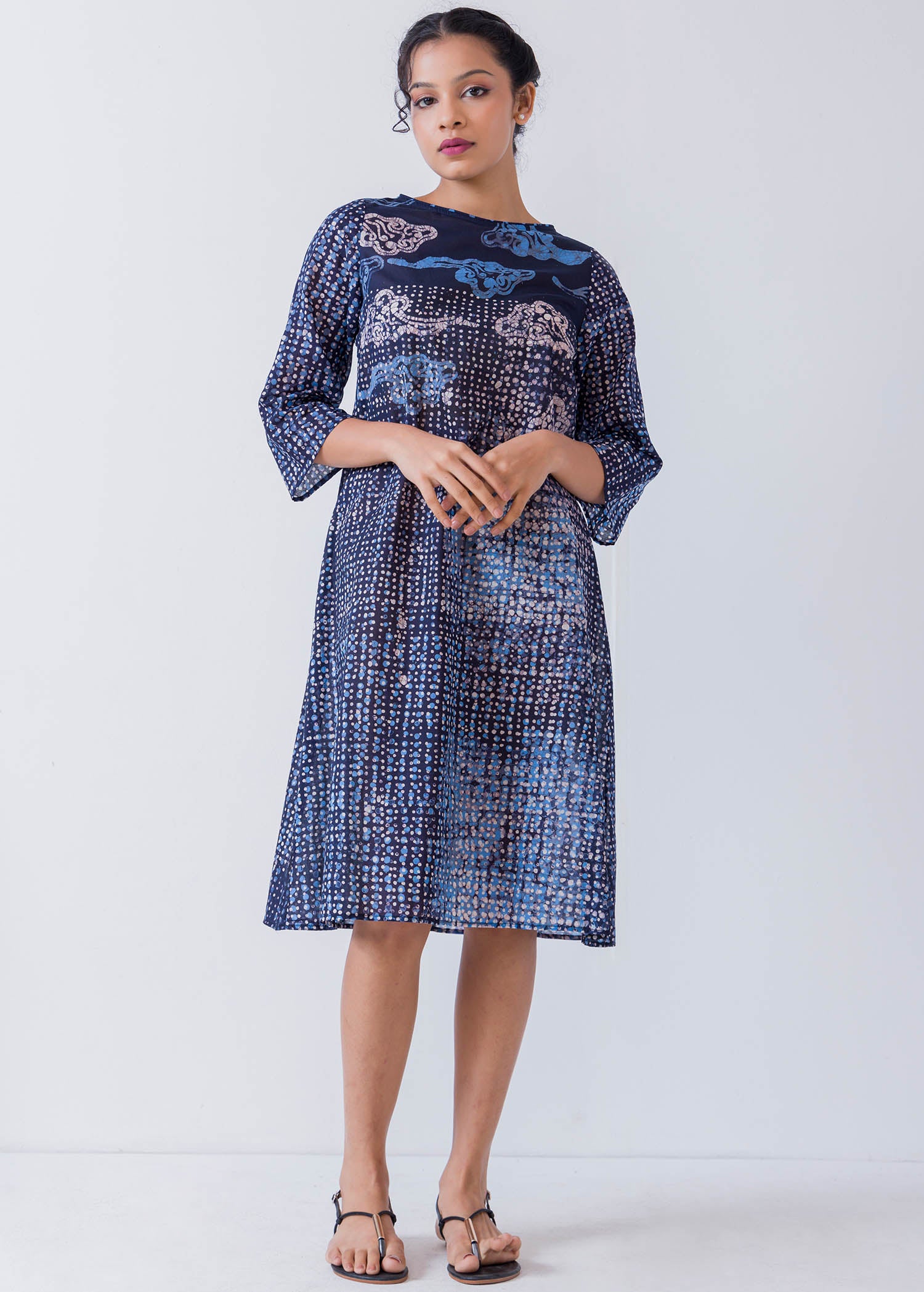 White And Blue Cloud Printed Batik Casual Dress