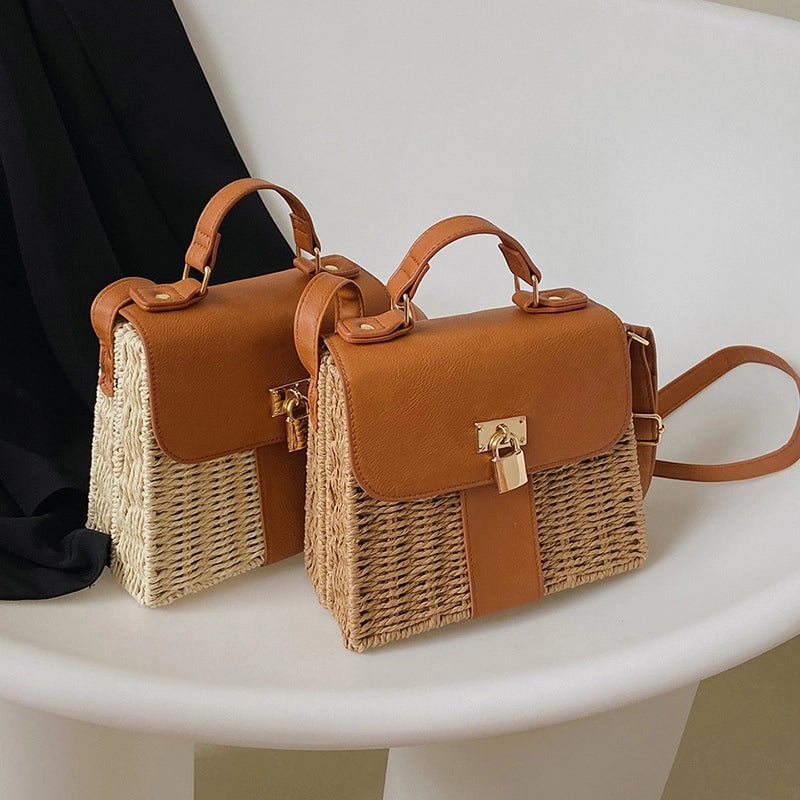 Women's Pu Leather Straw Color Block Vacation Square Lock Clasp Handbag