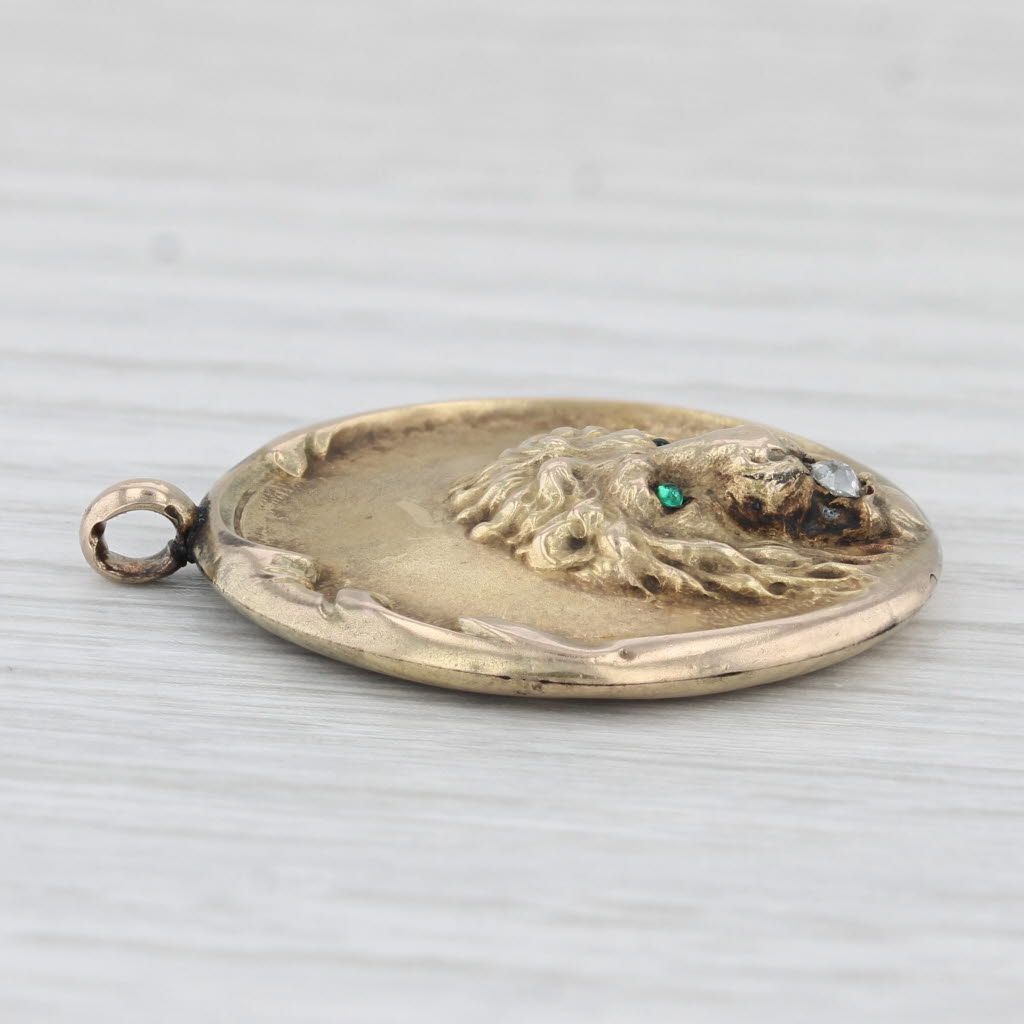 Antique Lion Pendant Medallion 10k Yellow Gold Diamond Engraved Charm