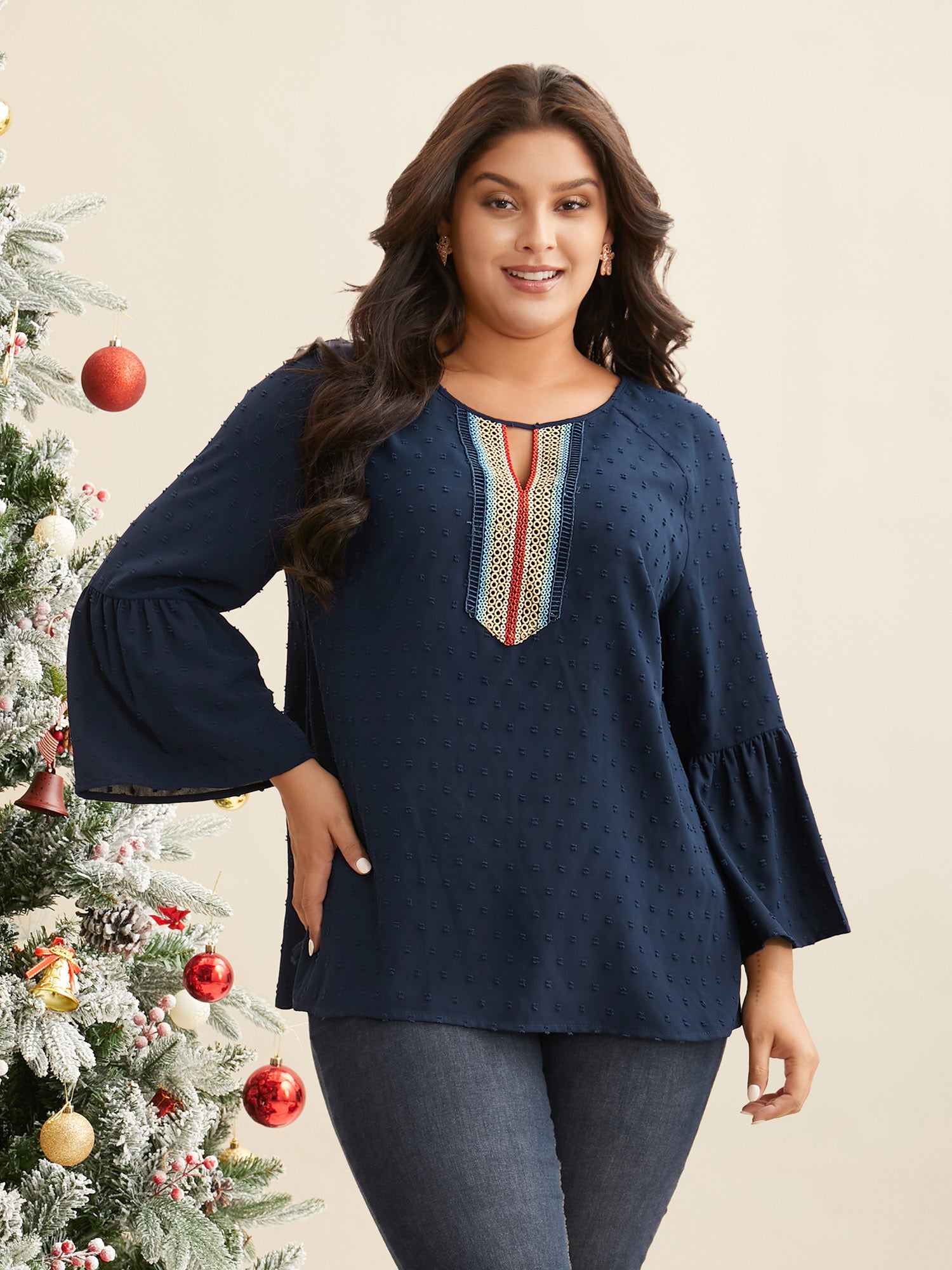 Textured  Embroidered Neckline A-Line Blouse