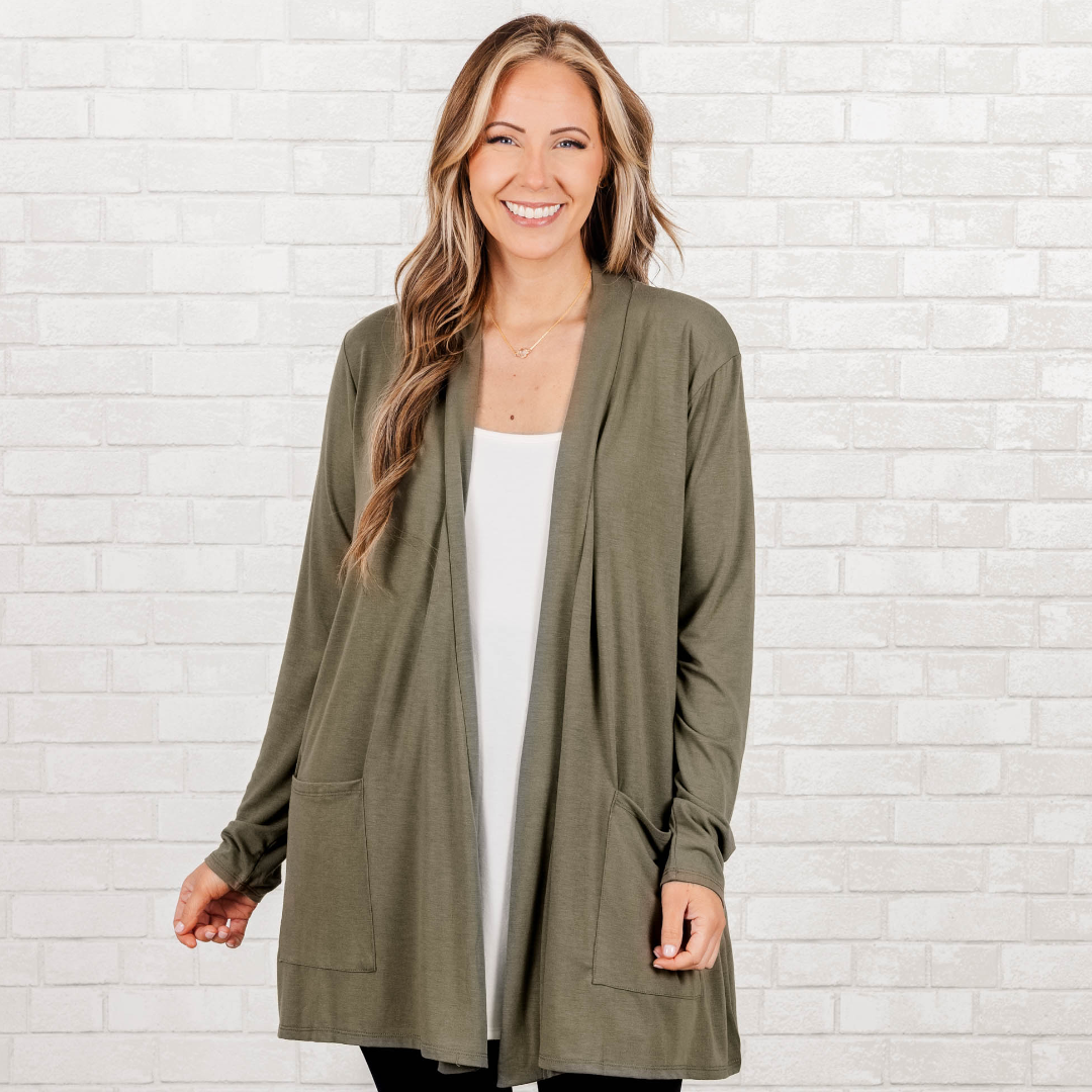 Kindness And Compassion Cardigan. Light Olive