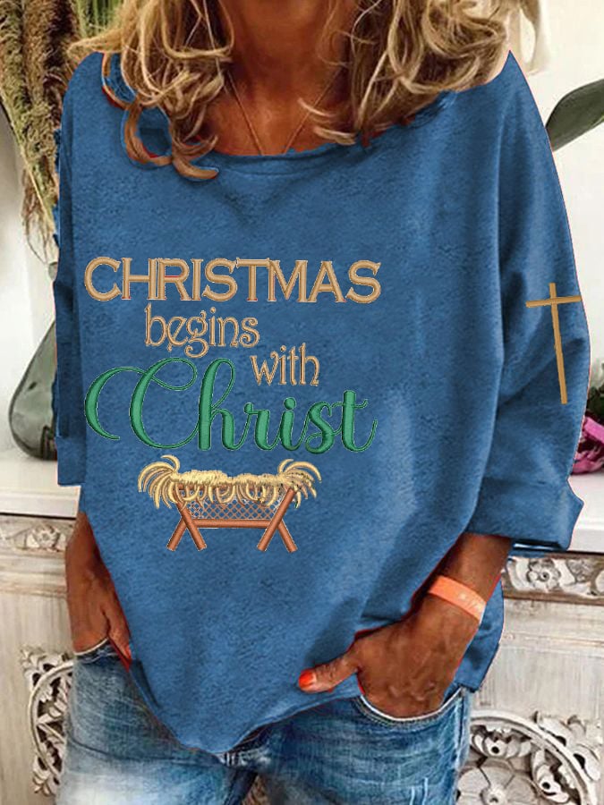 Women's Christmas Begins With Christ  Cross Print T-Shirt