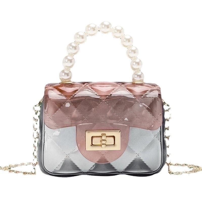 Women's Small PVC Color Block Cute Beading Square Lock Clasp Crossbody Bag Jelly Bag