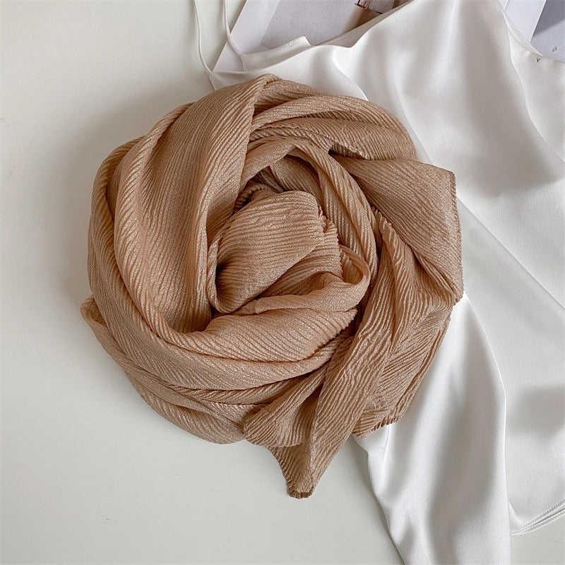 Heavy Bright Silk New Pleated Texture Scarf Women's Autumn And Winter All-Matching Long Solid Color Shawl Dual-Use
