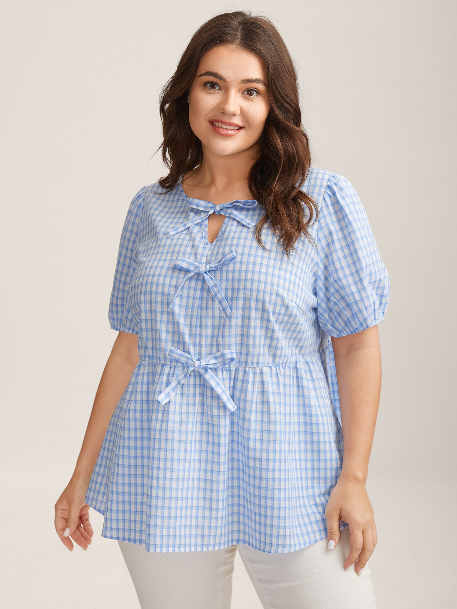 Bow Front Plaid Print Babydoll Top