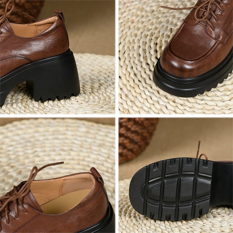 British Style 75mm Chunky Platform Leather Lace-Up Oxford Shoes in Black/Brown