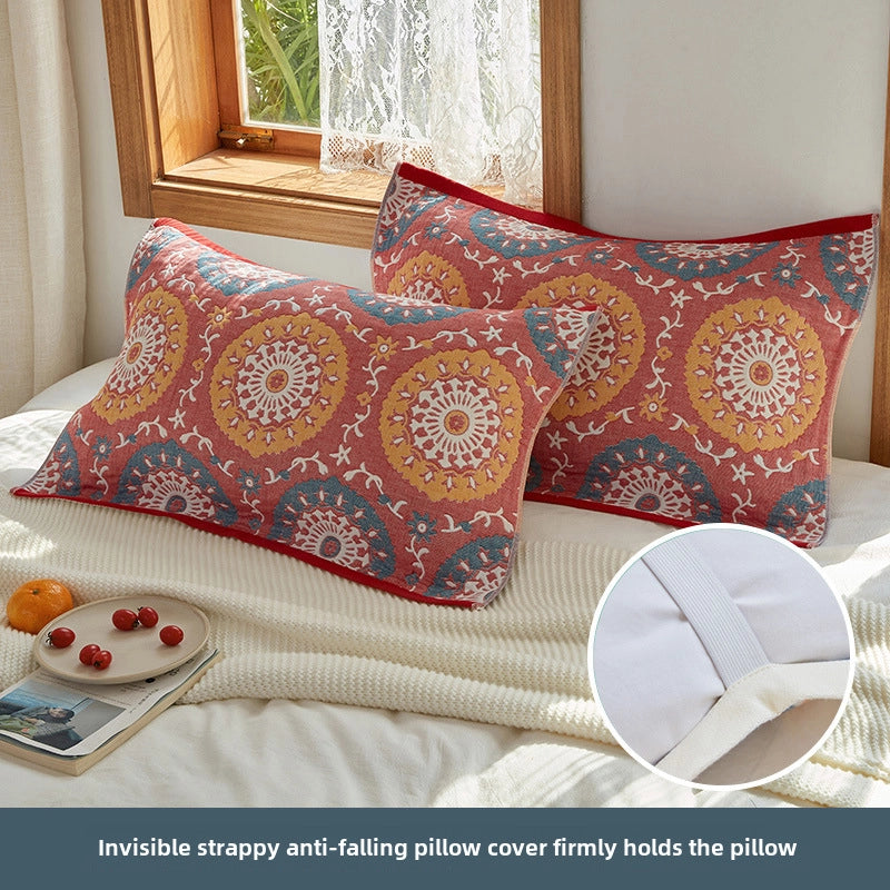 Four-layer Cotton Gauze Pillow Towel Elastic Band Fixed Anti-shedding Adult Pillow Turban Season Couple Cover Towel