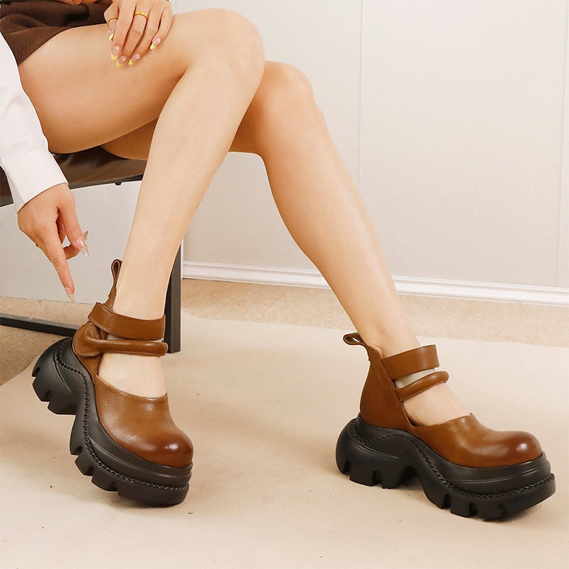 52mm Chunky Platform Cow Leather Sandals with Double Velcro Straps in Black/Brown